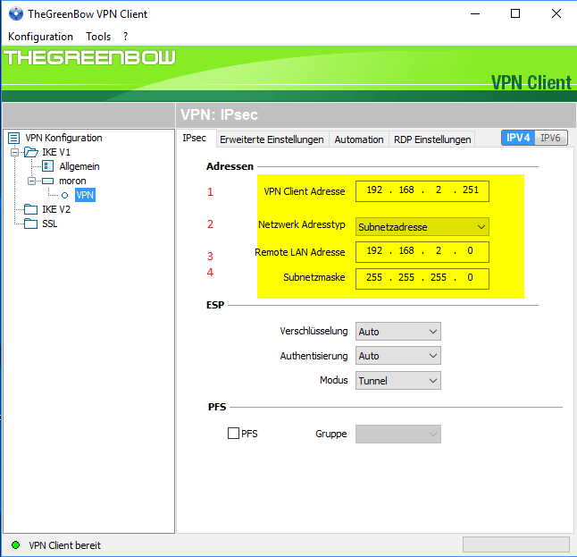 Frei IP Adresse, Netzwerk Adresstyp- Netzwerkadresse, Remote LAN Adresse 192.168.2.0, Subnetzmaske